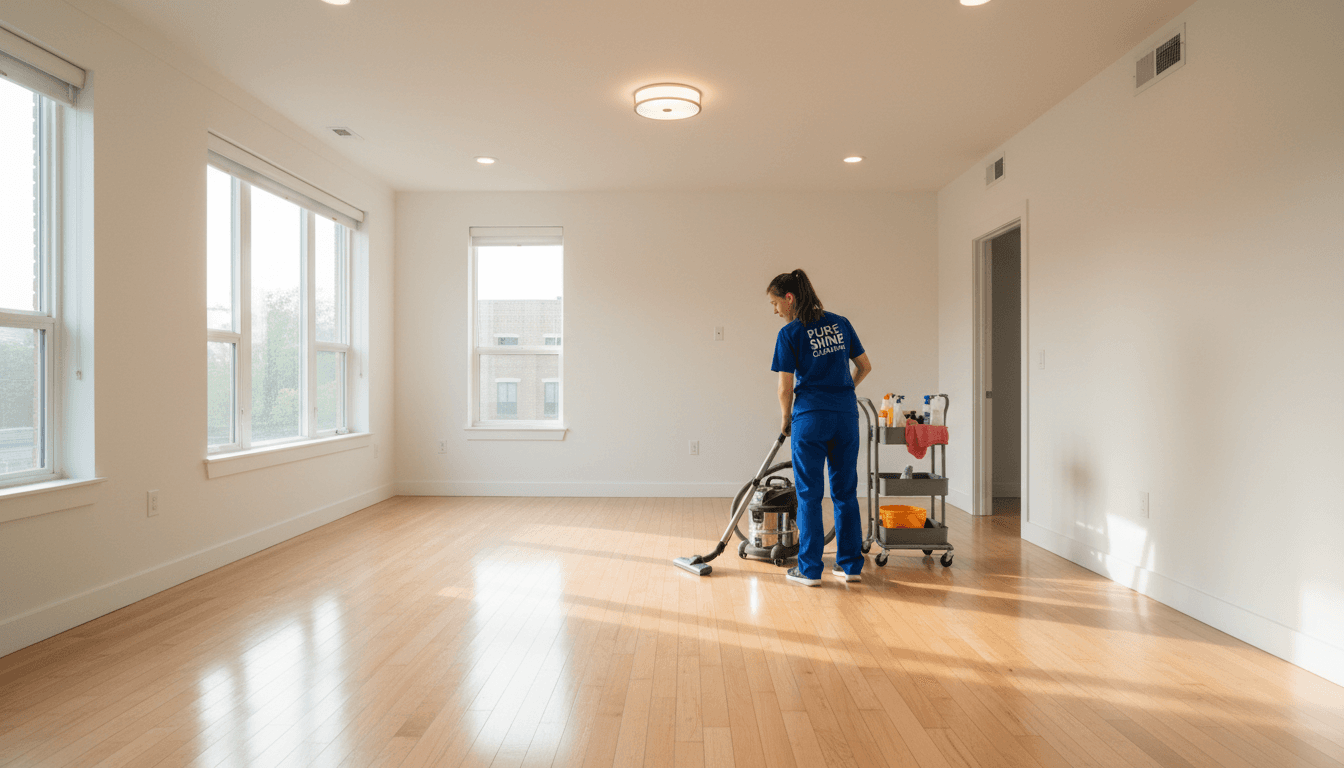 Cleaner vacuuming an empty apartment before move-out