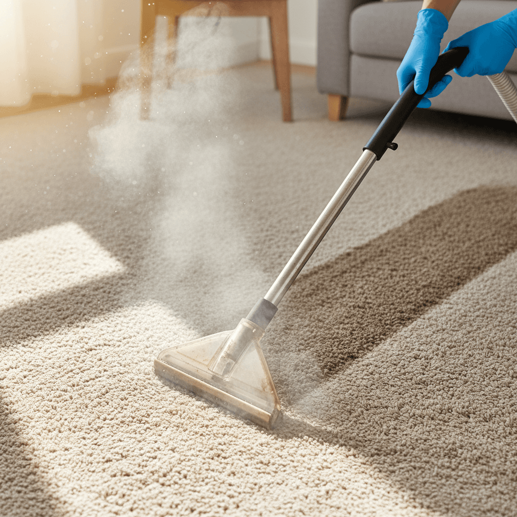Technician steam cleaning a carpet in a bright living room