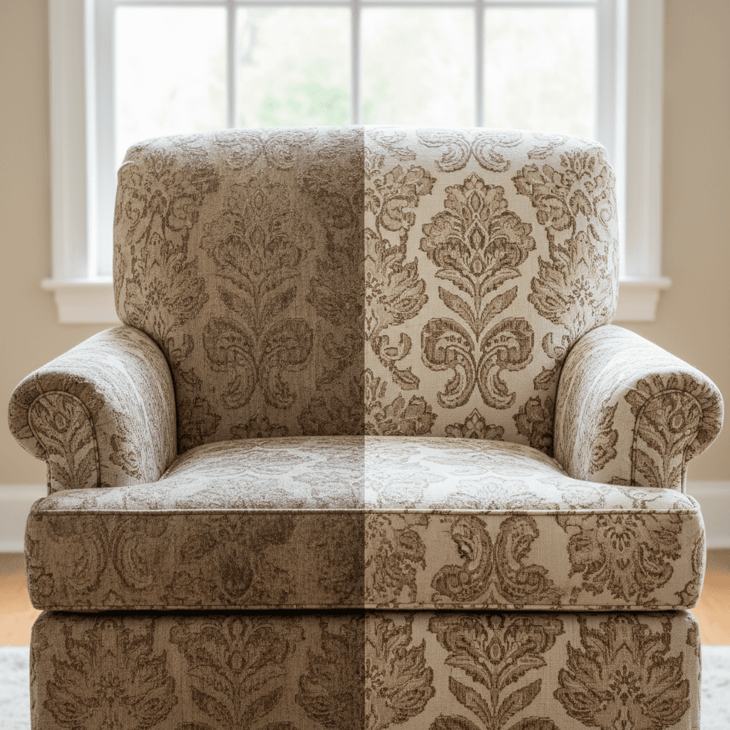 Freshly cleaned fabric armchair in a home