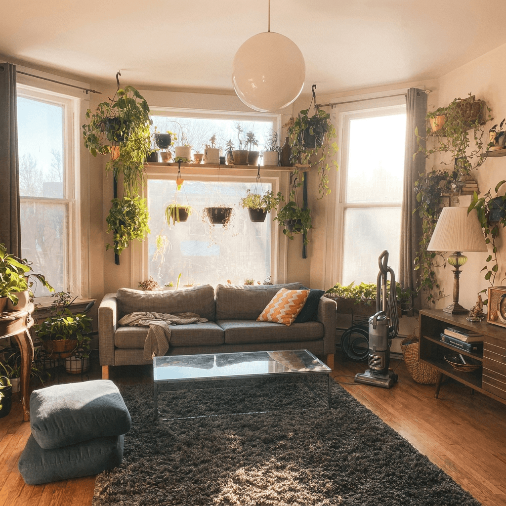Professional cleaning a colorful area rug in a bright living room